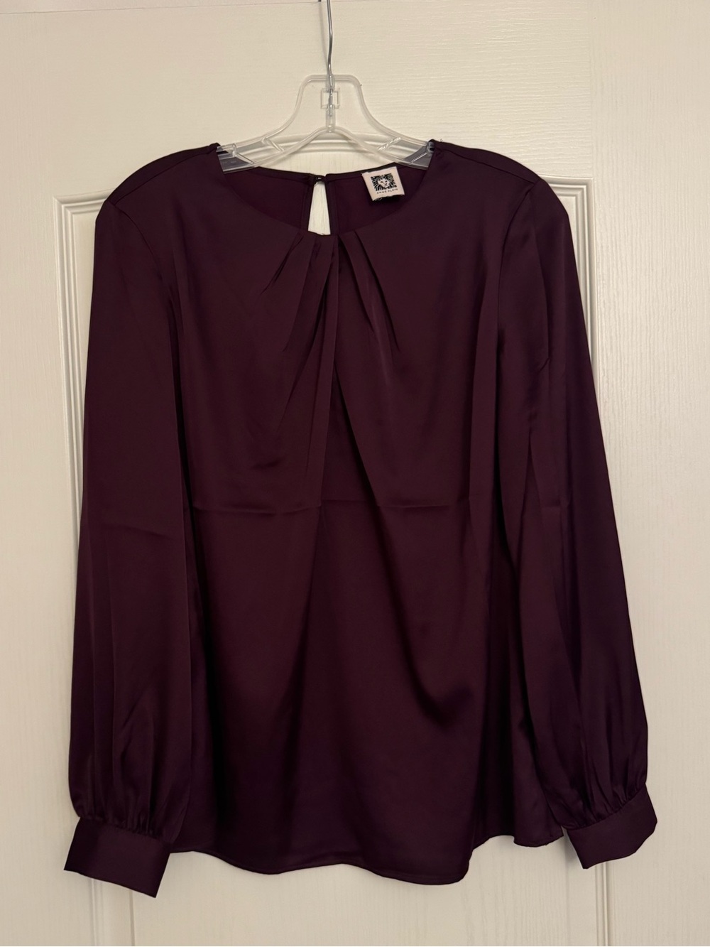 Anne Klein Plum Purple Pleat-Front Long Sleeve Satin Blouse NWOT Medium